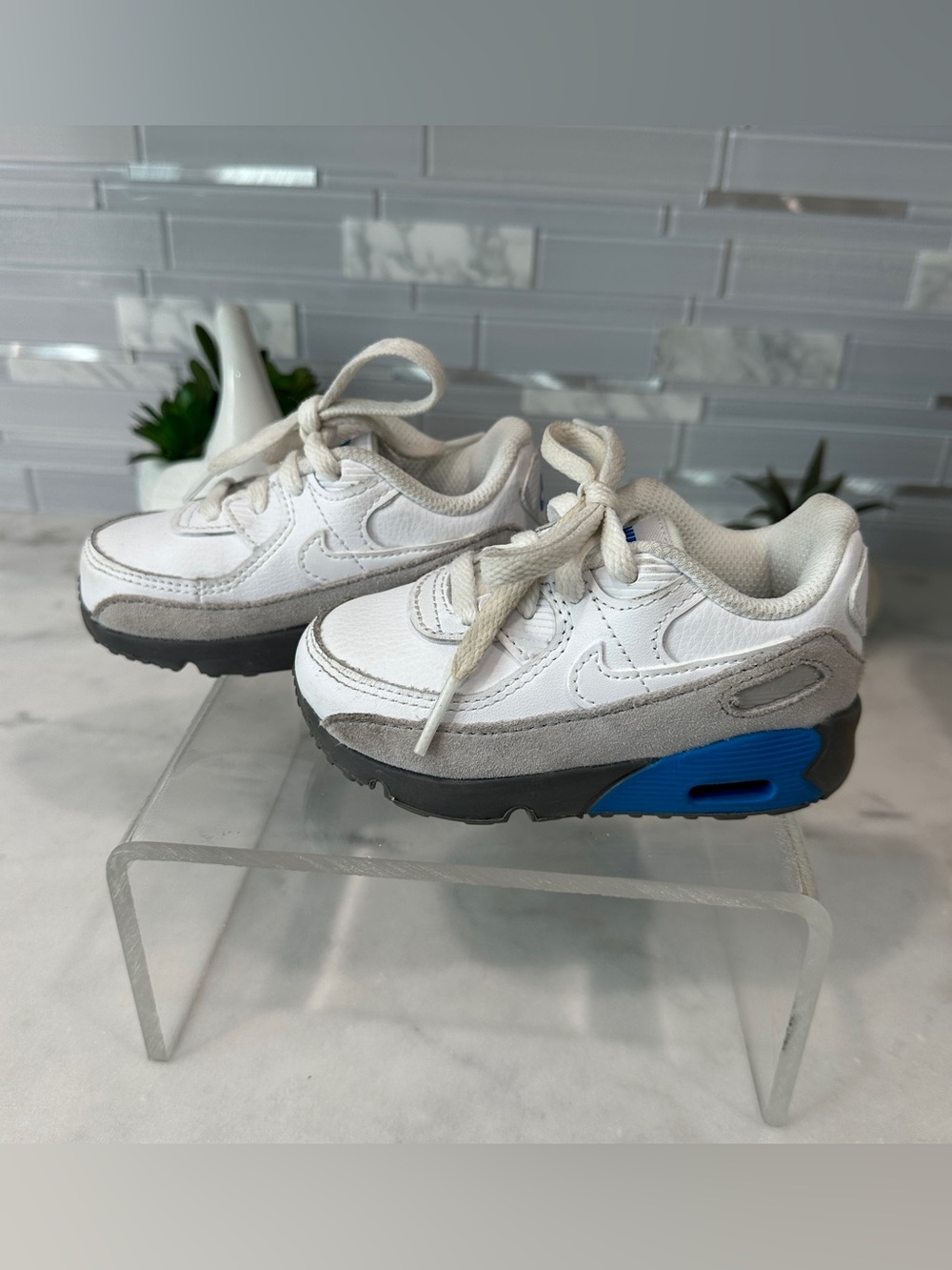 Little Kidโs Nike Air Max 90 LTR White/Grey/Blue Fog Sneakers Size 6C - Picture 3 of 7